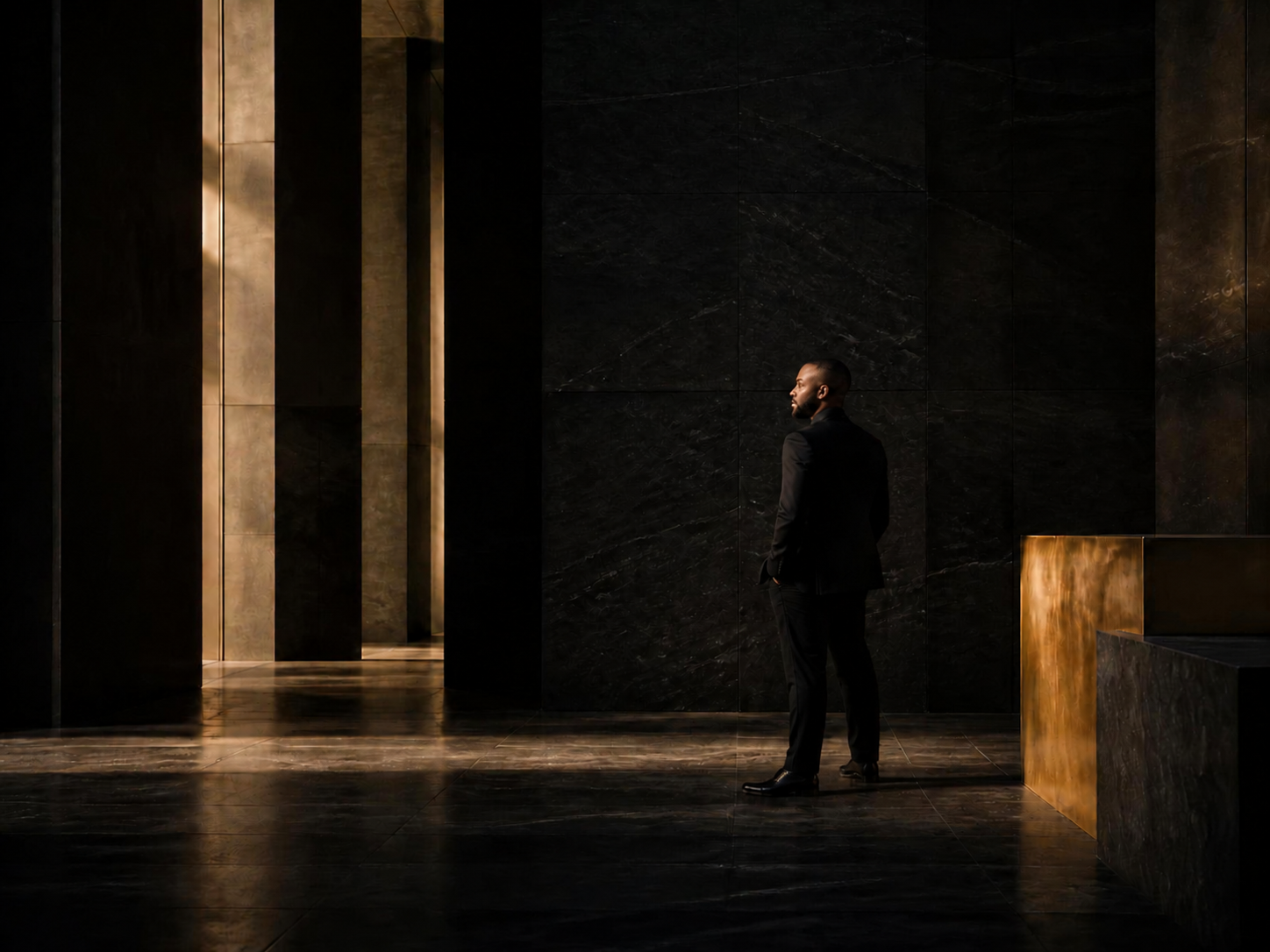 A person standing in a dimly lit modern hall